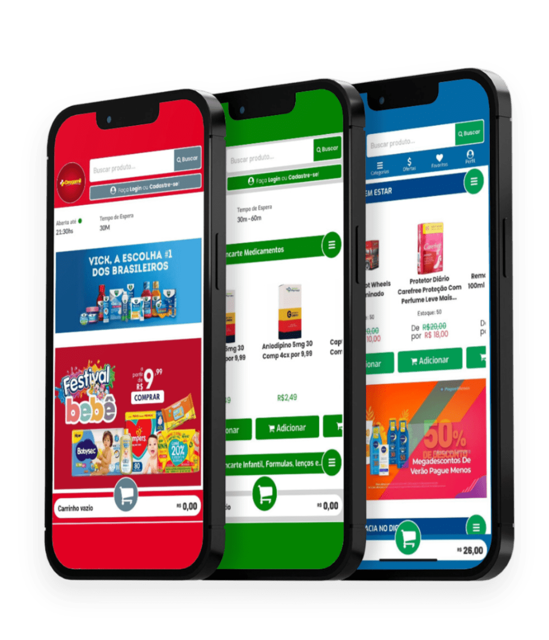 Fotos do sites em 3 telas de celulares.